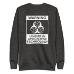 Tesla inspired apparel. Elon Musk quote. Cybertruck. Leader In Apocalypse Technology image centered on pullover sweatshirt.