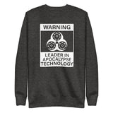 Tesla inspired apparel. Elon Musk quote. Cybertruck. Leader In Apocalypse Technology image centered on pullover sweatshirt.