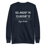 Tesla inspired apparel. Berlin Gigafactory GPS coordinates. Birthplace Berlin image centered on pullover sweatshirt.