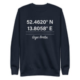 Tesla inspired apparel. Berlin Gigafactory GPS coordinates. Birthplace Berlin image centered on pullover sweatshirt.
