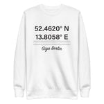 Tesla inspired apparel. Berlin Gigafactory GPS coordinates. Birthplace Berlin image centered on pullover sweatshirt.