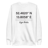 Tesla inspired apparel. Berlin Gigafactory GPS coordinates. Birthplace Berlin image centered on pullover sweatshirt.