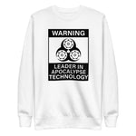 Tesla inspired apparel. Elon Musk quote. Cybertruck. Leader In Apocalypse Technology image centered on pullover sweatshirt.