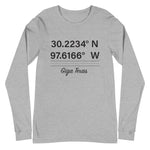 Tesla inspired apparel. Texas Gigafactory GPS coordinates. Birthplace Texas image centered on long sleeve t-shirt.