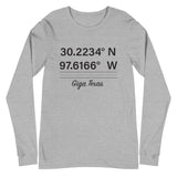 Tesla inspired apparel. Texas Gigafactory GPS coordinates. Birthplace Texas image centered on long sleeve t-shirt.