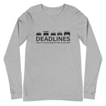 Tesla inspired apparel.  Elon Musk missing deadlines since day one. Deadlines image centered on long sleeve t-shirt.