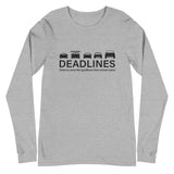 Tesla inspired apparel.  Elon Musk missing deadlines since day one. Deadlines image centered on long sleeve t-shirt.
