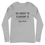 Tesla inspired apparel. Berlin Gigafactory GPS coordinates. Birthplace Berlin image centered on long sleeve t-shirt.
