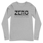 Tesla inspired apparel. EV no emissions. Electric Vehicle Car. Zero Emissions image centered on long sleeve t-shirt.