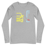 Tesla inspired apparel. Model Y at supercharger. Supercharging. Plugged In Y image centered on long sleeve t-shirt.