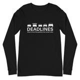 Tesla inspired apparel.  Elon Musk missing deadlines since day one. Deadlines image centered on long sleeve t-shirt.
