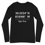 Tesla inspired apparel. Texas Gigafactory GPS coordinates. Birthplace Texas image centered on long sleeve t-shirt.