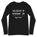 Tesla inspired apparel. Texas Gigafactory GPS coordinates. Birthplace Texas image centered on long sleeve t-shirt.