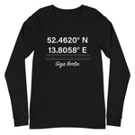 Tesla inspired apparel. Berlin Gigafactory GPS coordinates. Birthplace Berlin image centered on long sleeve t-shirt.