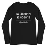 Tesla inspired apparel. Berlin Gigafactory GPS coordinates. Birthplace Berlin image centered on long sleeve t-shirt.