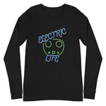 Tesla inspired apparel. EV car charger. Electric Life image centered on long sleeve t-shirt.
