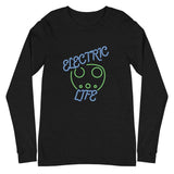 Tesla inspired apparel. EV car charger. Electric Life image centered on long sleeve t-shirt.