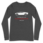 Tesla inspired apparel. Cybertruck. Apocalypse Near You image centered on long sleeve t-shirt.