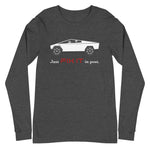 Tesla inspired apparel. Elon Musk quote. Cybertruck. Just Fix It In Post image centered on long sleeve t-shirt.