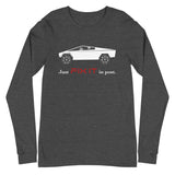 Tesla inspired apparel. Elon Musk quote. Cybertruck. Just Fix It In Post image centered on long sleeve t-shirt.