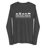 Tesla inspired apparel.  Elon Musk missing deadlines since day one. Deadlines image centered on long sleeve t-shirt.