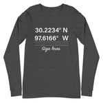 Tesla inspired apparel. Texas Gigafactory GPS coordinates. Birthplace Texas image centered on long sleeve t-shirt.