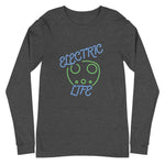 Tesla inspired apparel. EV car charger. Electric Life image centered on long sleeve t-shirt.