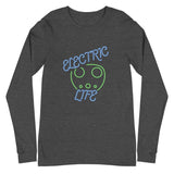 Tesla inspired apparel. EV car charger. Electric Life image centered on long sleeve t-shirt.