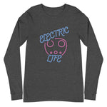 Tesla inspired apparel. EV car charger. Electric Life image centered on long sleeve t-shirt.