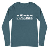 Tesla inspired apparel.  Elon Musk missing deadlines since day one. Deadlines image centered on long sleeve t-shirt.