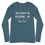 Tesla inspired apparel. Texas Gigafactory GPS coordinates. Birthplace Texas image centered on long sleeve t-shirt.