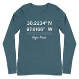 Tesla inspired apparel. Texas Gigafactory GPS coordinates. Birthplace Texas image centered on long sleeve t-shirt.