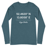 Tesla inspired apparel. Berlin Gigafactory GPS coordinates. Birthplace Berlin image centered on long sleeve t-shirt.