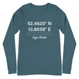 Tesla inspired apparel. Berlin Gigafactory GPS coordinates. Birthplace Berlin image centered on long sleeve t-shirt.