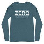 Tesla inspired apparel. EV no emissions. Electric Vehicle Car. Zero Emissions image centered on long sleeve t-shirt.