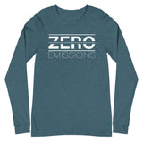Tesla inspired apparel. EV no emissions. Electric Vehicle Car. Zero Emissions image centered on long sleeve t-shirt.