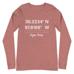 Tesla inspired apparel. Texas Gigafactory GPS coordinates. Birthplace Texas image centered on long sleeve t-shirt.