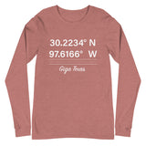 Tesla inspired apparel. Texas Gigafactory GPS coordinates. Birthplace Texas image centered on long sleeve t-shirt.