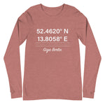 Tesla inspired apparel. Berlin Gigafactory GPS coordinates. Birthplace Berlin image centered on long sleeve t-shirt.