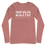 Tesla inspired apparel. EV no emissions. Electric Vehicle Car. Zero Emissions image centered on long sleeve t-shirt.