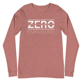 Tesla inspired apparel. EV no emissions. Electric Vehicle Car. Zero Emissions image centered on long sleeve t-shirt.