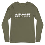 Tesla inspired apparel.  Elon Musk missing deadlines since day one. Deadlines image centered on long sleeve t-shirt.