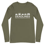 Tesla inspired apparel.  Elon Musk missing deadlines since day one. Deadlines image centered on long sleeve t-shirt.