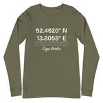 Tesla inspired apparel. Berlin Gigafactory GPS coordinates. Birthplace Berlin image centered on long sleeve t-shirt.
