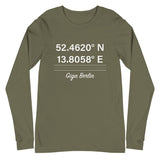 Tesla inspired apparel. Berlin Gigafactory GPS coordinates. Birthplace Berlin image centered on long sleeve t-shirt.