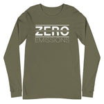 Tesla inspired apparel. EV no emissions. Electric Vehicle Car. Zero Emissions image centered on long sleeve t-shirt.