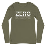 Tesla inspired apparel. EV no emissions. Electric Vehicle Car. Zero Emissions image centered on long sleeve t-shirt.