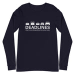 Tesla inspired apparel.  Elon Musk missing deadlines since day one. Deadlines image centered on long sleeve t-shirt.