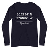 Tesla inspired apparel. Texas Gigafactory GPS coordinates. Birthplace Texas image centered on long sleeve t-shirt.