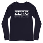 Tesla inspired apparel. EV no emissions. Electric Vehicle Car. Zero Emissions image centered on long sleeve t-shirt.